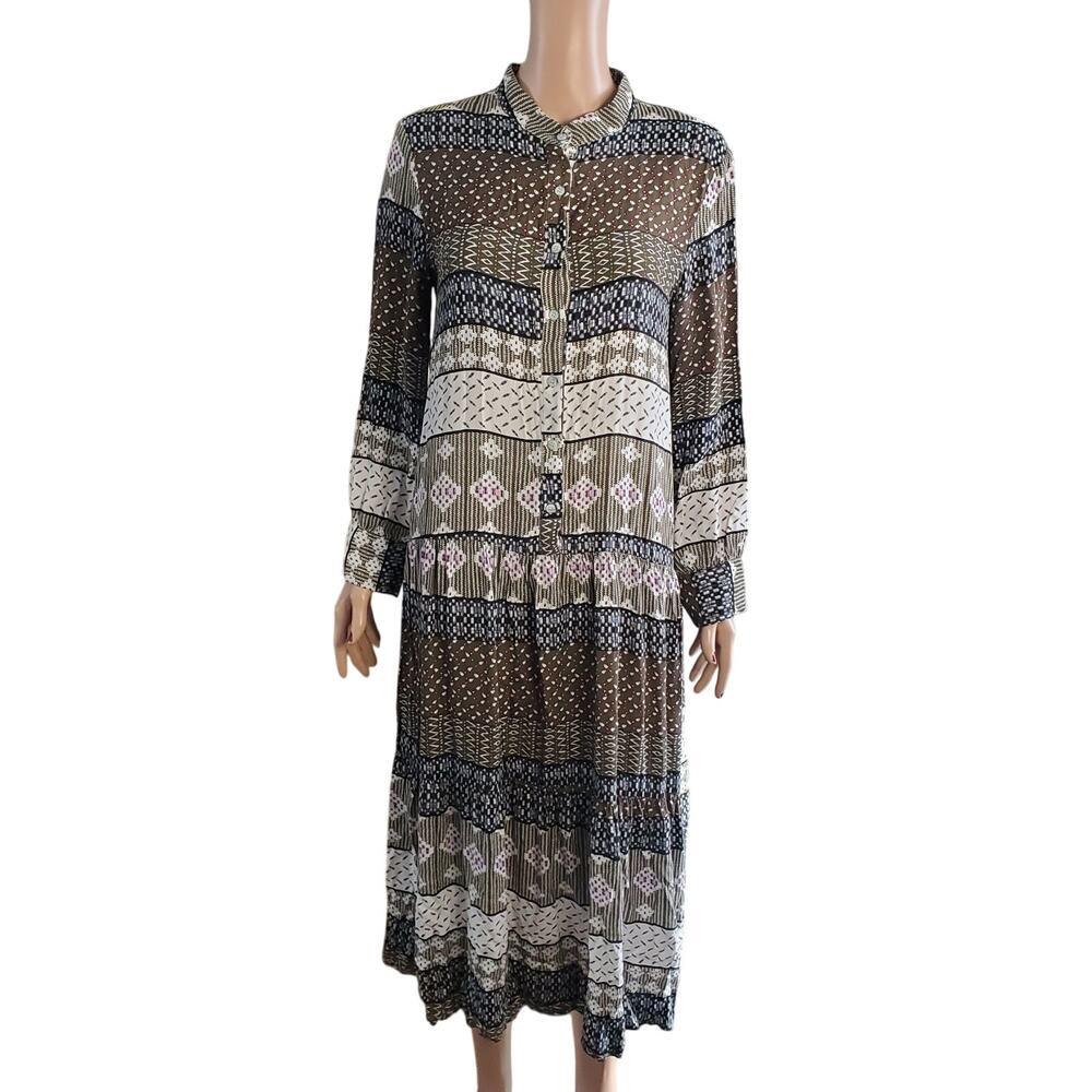 MDRN Size L Boho Popover Shirt Dress Patchwork Midi Dress Green Brown Modest